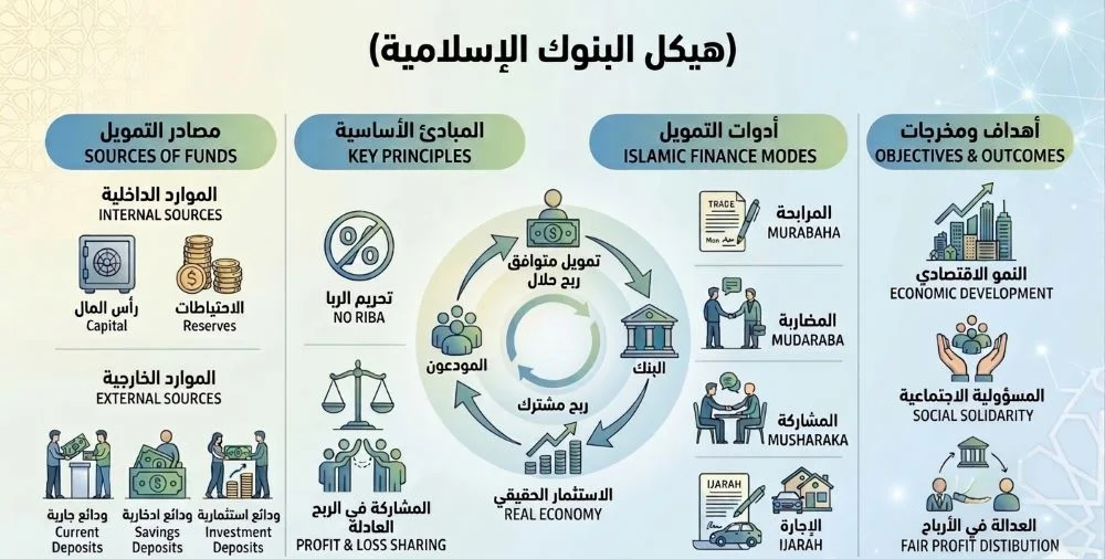 إنفوغراف يبين آلية عمل البنوك الإسلامية.